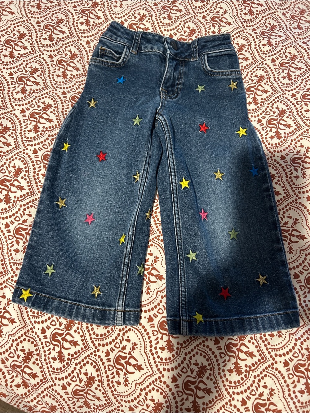 Mini Boden Girl’s Wide-Leg Star Embroidered Denim Pants - Dark Blue